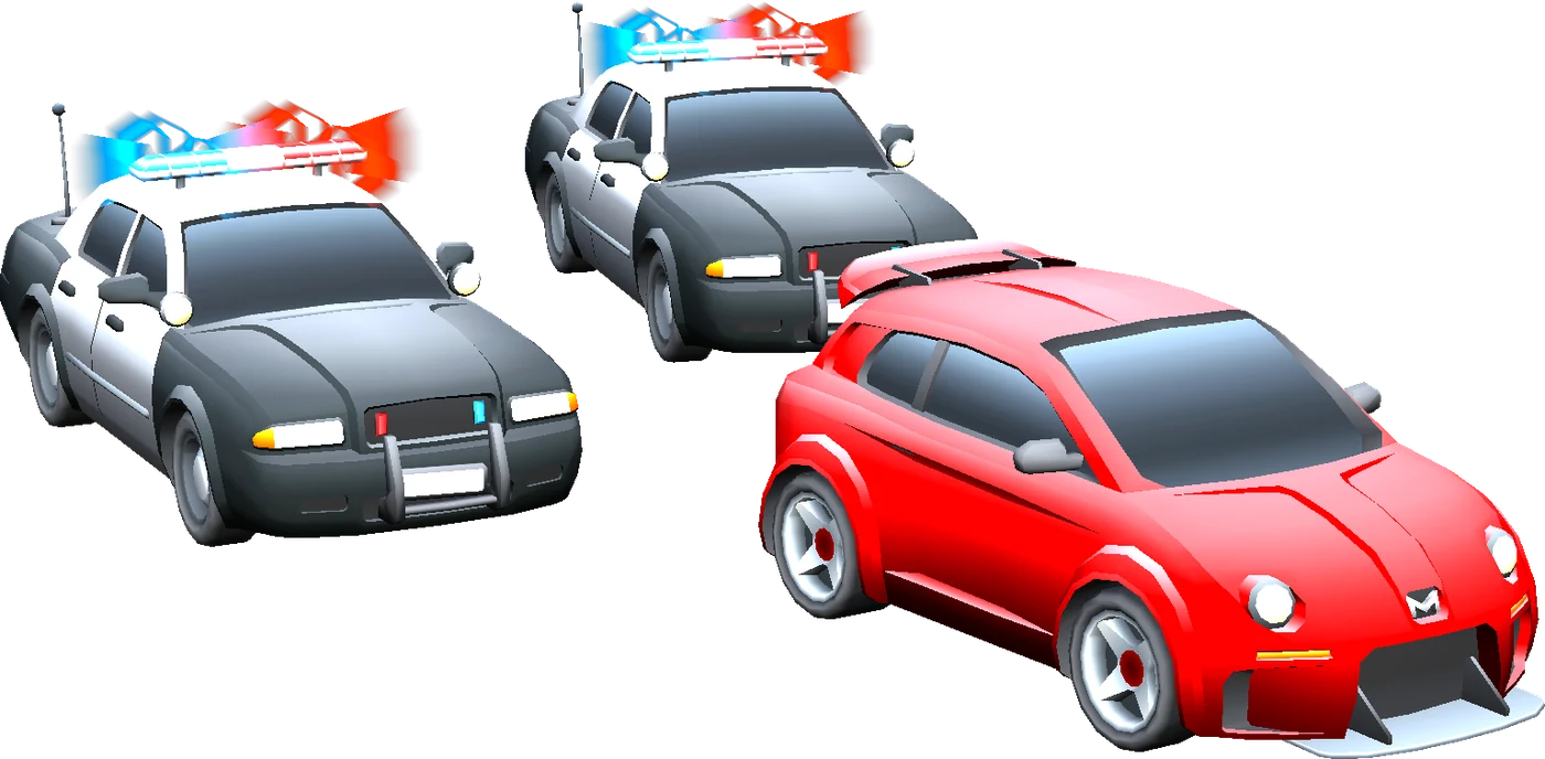 La voiture rouge du joueur poursuivie par deux voitures de police